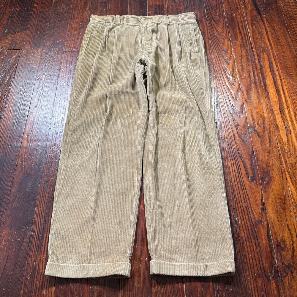 Vintage LL Bean Corduroy Pants Mens 34x29 Tan Khaki Wide Wale Pleated Cuffed